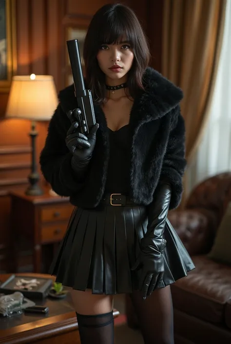 Full body portrait of a wonderful  schoolgirl. She's wearing short fur coat, long black leather gloves, black leather boots, black leather skirt, stockings. She is armed with a pistol with a silencer. She's standing in a living room