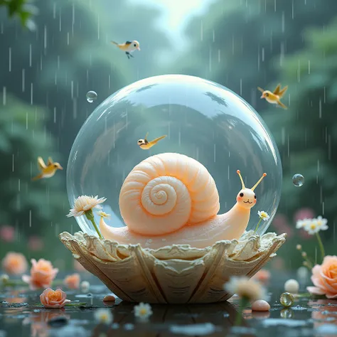  transparent glass snail ,  transparent glass shell inside a transparent glass rose shell + birds + Dragonfly, snail smiles  ,  heavy rain gun, octane rating, multi, illustration, 3D rendering