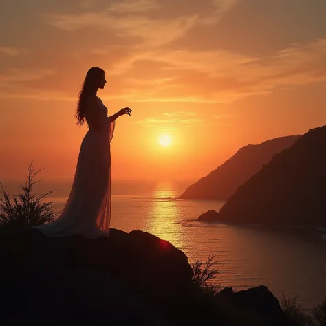 haute qualité, Ultra HD 8K, Une belle double exposition qui combine une silhouette de déesse avec une côte au coucher du soleil, la côte au coucher du soleil servant de toile de fond sous-jacente, avec ses détails intégrés à la déesse, lignes nettes, Le fo...