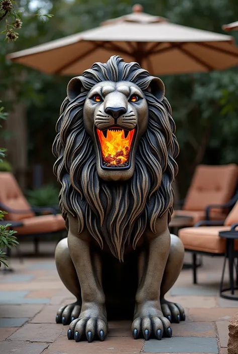 Un magnifique barbecue en forme de tête de lion avec des petite des braise à l'intérieur, placé sur une terrasse élégante avec des meubles d'extérieur.