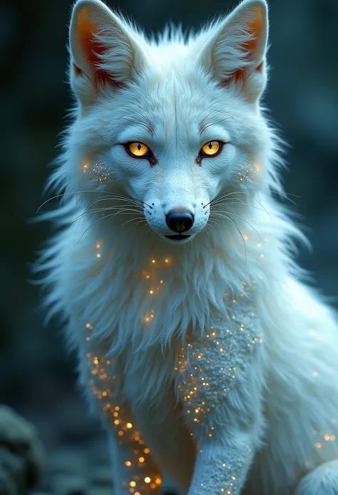    From Chinese mythology  , white fox  ,  ,     lots of intricate details all over her body   ,  huge tail  very detailed   close-up     ,     fur detail    , Signs ,      like liquid metal tattoos     ,   bright pearlescent   ,       looks straight into ...