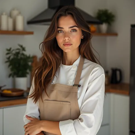  young woman, european,  with brown hair ,  Brown Eyes,  Various facial expressions,  full body photos , dressed like a kitchen influencer