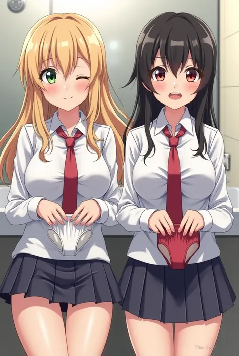 Two girls from school, They're smiling maliciously,holding their panties,  thighs with school uniforms, anime, A green-eyed and busty blonde, The other black haired with red and busty eyes, Both in the bathroom, Holding their very cute panties, State of sc...