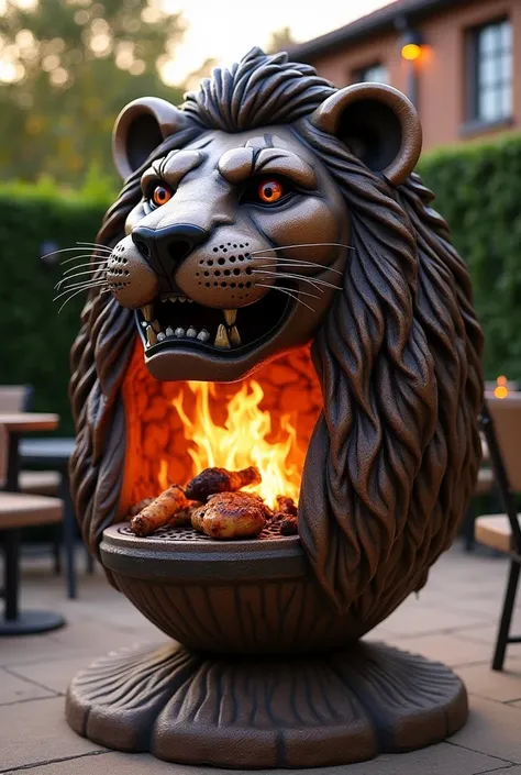 Un barbecue en forme de tête de lion avec des flammes à l'intérieur, sculpté dans un style fantastique, placé sur une terrasse élégante avec des meubles d'extérieur. L'ambiance est chaleureuse et conviviale.