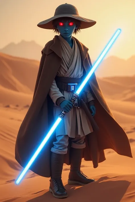 um jedi padawan.  blue skin , alien bonito, ,  alien red eyes , Without the iris of the eye, with a black hat , , full body,  short dark brown hair sneakers, blue lightsaber,  full body, Hot desert background, Cinematic, film, dynamic;