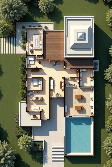 Create a highly detailed architectural floor plan and master site map for a luxurious farmhouse-mansion estate covering 5200 sq. m. The estate includes a main house, guest house, school building, separate mosque building (85 sq. m.), two-level basement, un...