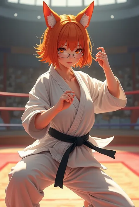  A beautiful anime-style girl ,  fox ears , orange hair with glasses ,  slim in a karate do ,  uniform performing martial arts techniques on a combat ring 