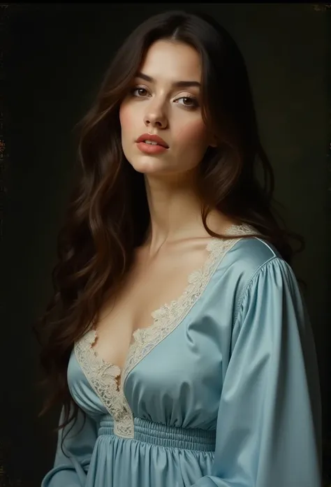  Beautiful woman dressed in a light sky blue silk nightgown,,, imitating the aesthetics of Rembrandt's paintings , oil painting, detailed face, dark background, baroque lighting ,  bright colors  , soft brushstrokes ,  delicate features ,subtle chiaroscuro...