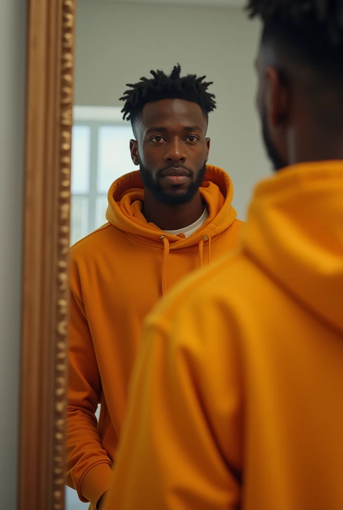 there is a man taking a picture of himself in a mirror, orange hoodie, long orange sweatshirt, wearing a yellow hoodie, orange jacket, portrait shot 8 k, 8k selfie photograph, selfie of a man, looking at his phone, portait photo profile picture, with accur...