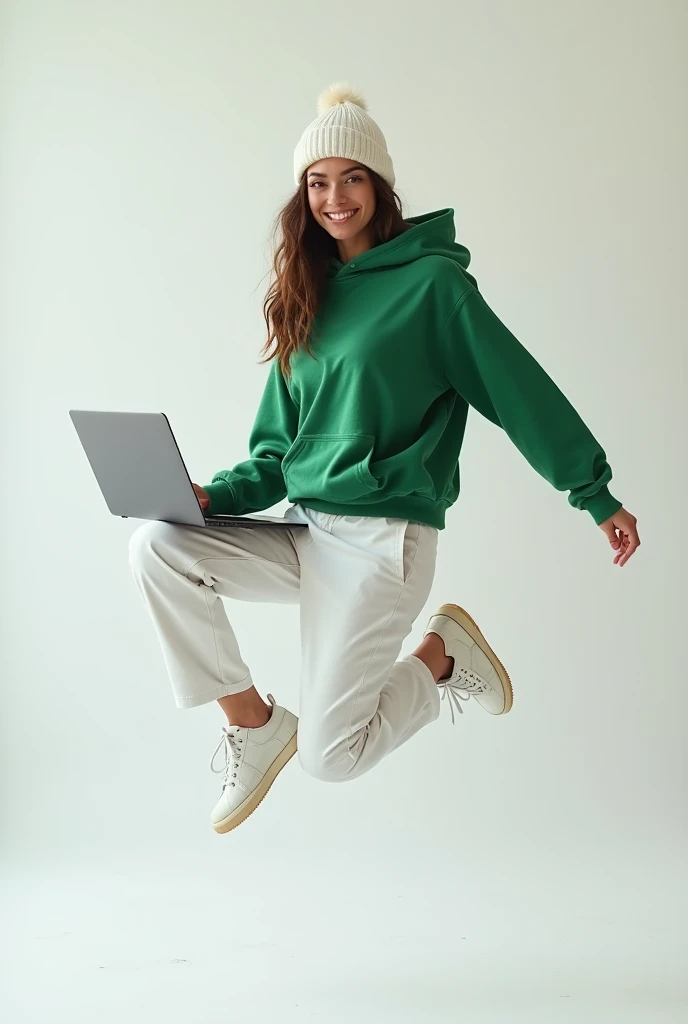 create an ultra realistic photo of Full body smiling beautiful edgy woman wearing green hoodie, white beanie hat and white pants, levitating in the air while holding a laptop with her legs at behind, transparent background