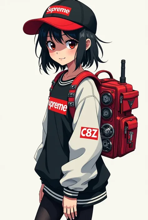 An anime girl wearing a black and red cap and white leather wearing a long sleeve shirt with the supreme logo and a robot backpack