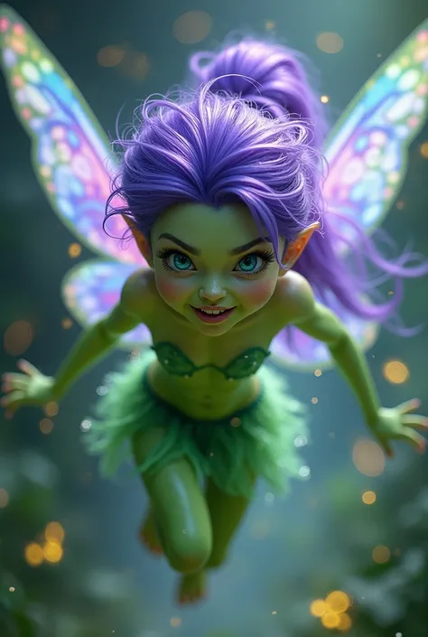  Beautiful sparkly tiny green Fairy with purple hair flying forward angry.