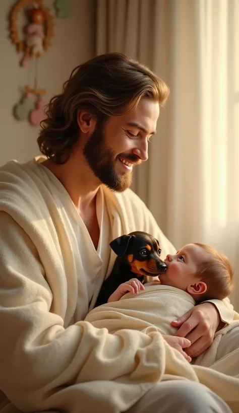 A heartwarming and tender scene: Jesus Christ, smiling radiantly, sits peacefully in a beautifully decorated nursery. His wavy, shoulder-length light brown hair and well-groomed beard frame his gentle, loving expression. He wears a simple white tunic and a...