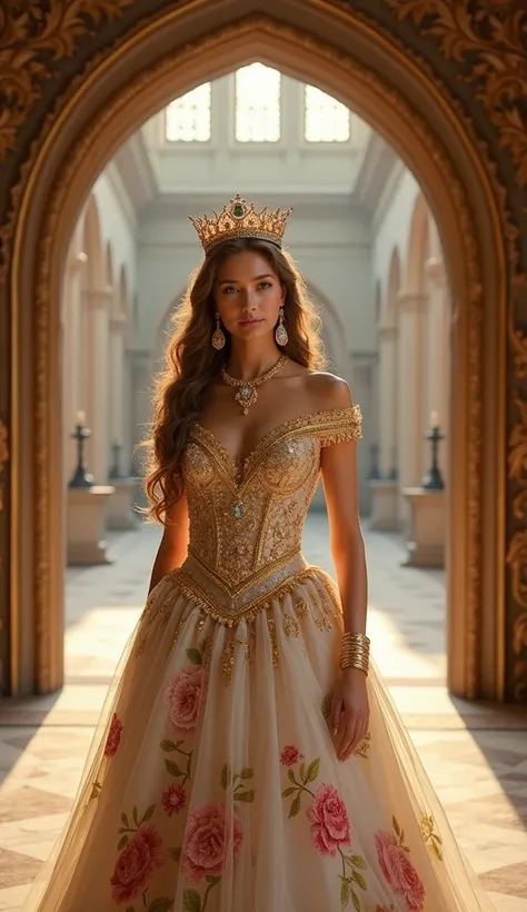 "A stunning princess stands gracefully in the grand doorway of an opulent castle. She wears a luxurious royal gown in shimmering gold, soft white, and delicate pink, green, red, adorned with intricate embroidery and sparkling embellishments. The gown flows...