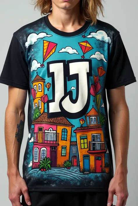 Make a stylish shirt with the name the initials “IJ” on the chest graffiti style is printed with kites and favela houses 