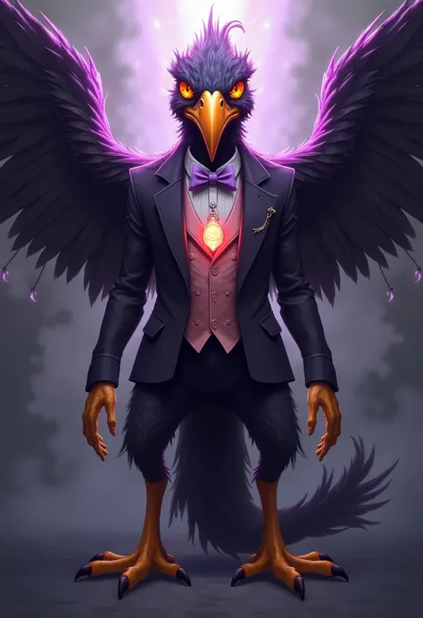 draw me a prodigious, tall and slender anthropomorphic avian apparition with very dark, almost pitch black plumage and a purple glowing outline around his whole body. His eyes have tangerine sclera with golden swirls on them and the interior of his mouth i...