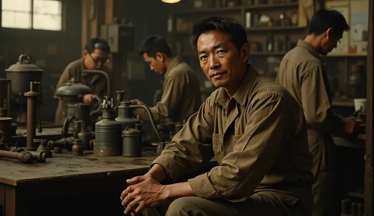 A highly detailed, cinematic, sepia-toned image of a Japanese mechanic or engineer from the 1940s or 1950s, sitting in a vintage workshop. He is dressed in a worn-out work uniform, with his sleeves slightly rolled up, and has a focused yet contemplative ex...