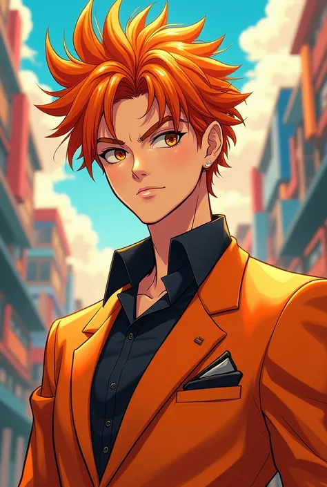 Man in an orange suit with orange hair anime 