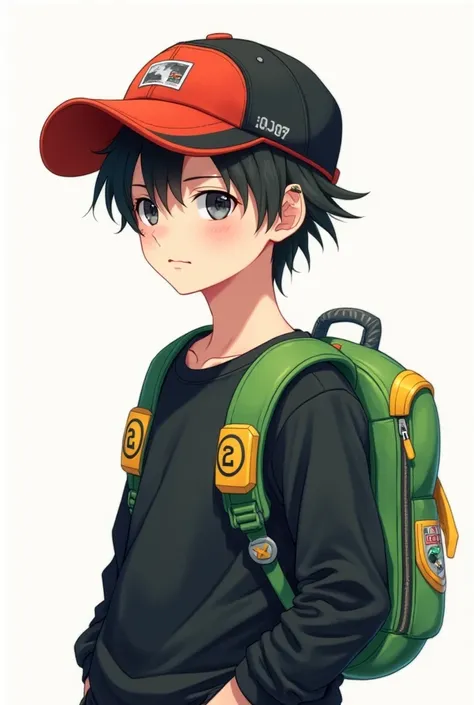 An anime boy wearing a black and red cap and a black long sleeve shirt White skin and a green and yellow robot backpack 