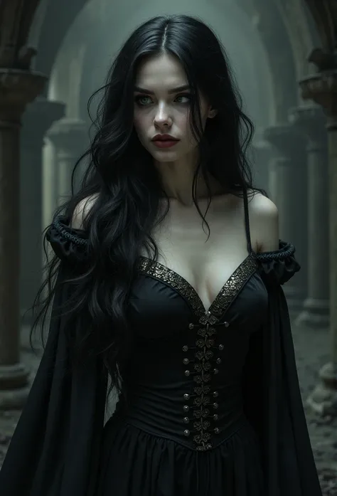 woman, black long hair, grey eyes, pale skin, dark clothes, medieval fantasy, dynamic pose, vampire, beautiful, curvy body, sexy, masterpiece, black background fantasy, tired, beautiful, mysterious,