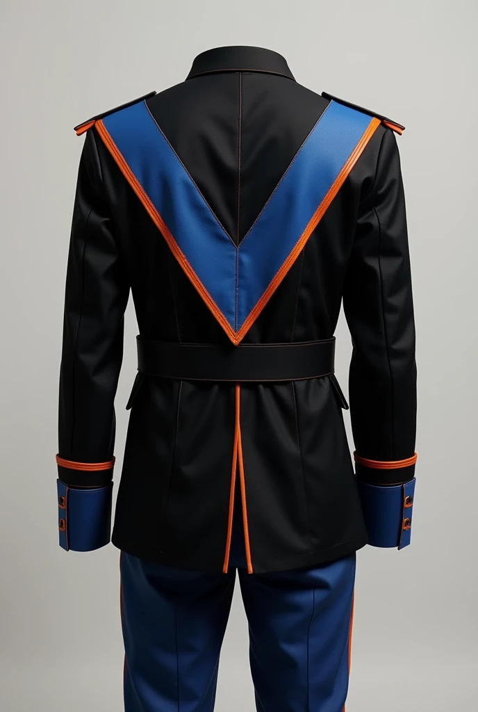  Based on the first design that is a black military style uniform without buttons with a blue V with orange border on the seams that reaches the waist with high cuffs in blue for men, on the back with two parallel lines in blue with orange edges that go do...