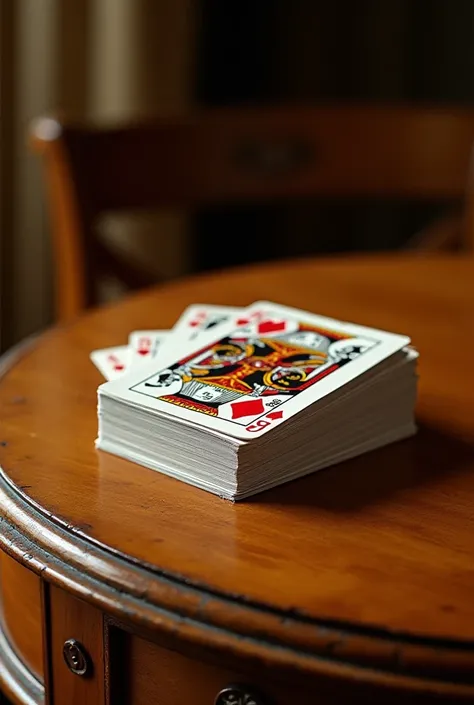 Spanish deck piled up on a varnished wooden table