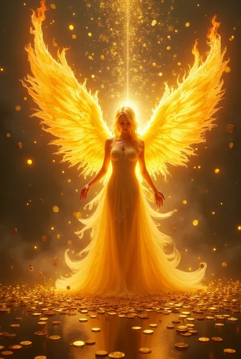 A golden water with flaming wings spread, emitting divine light and with several shiny gold coins, well defined and very detailed falling from the sky ,  with black background, dark.