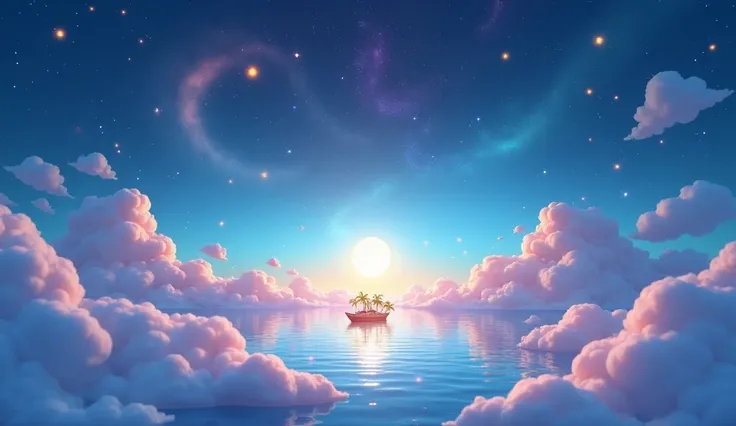 "A magical, starry sky above Dream Island, with floating stars that shimmer in different colors. The stars look like they are within reach, and the sky is full of soft clouds drifting lazily. The moon glows gently, casting a calming light over the island. ...