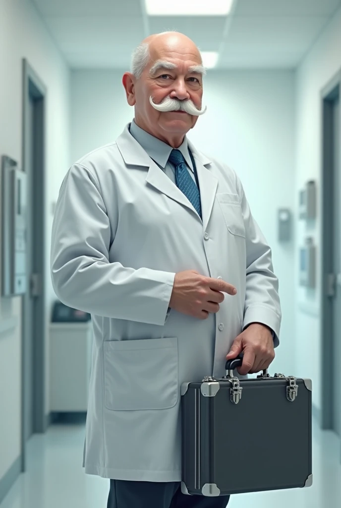 Short bald doctor with a large white mustache holding a hospital briefcase