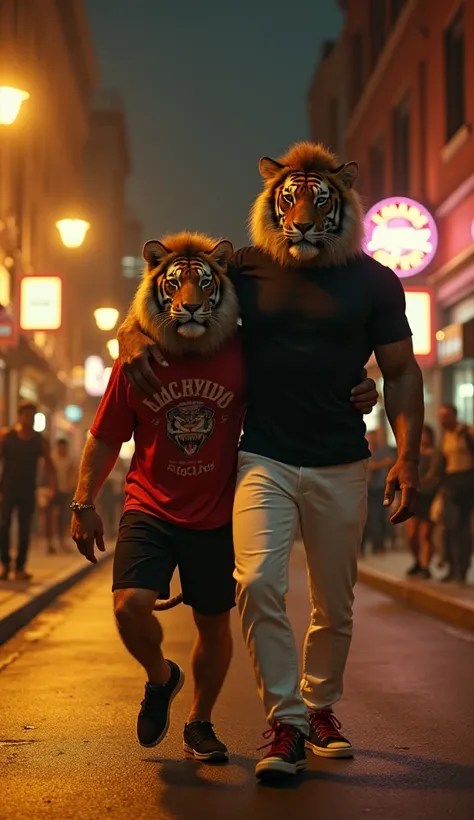 **"An ultra-realistic image of a muscular tiger carrying his drunk friend, a muscular lion, as they walk down a dimly lit street at night. The tiger is wearing a black shirt, white pants, and red sneakers, while the lion is dressed in a red rock-themed gra...