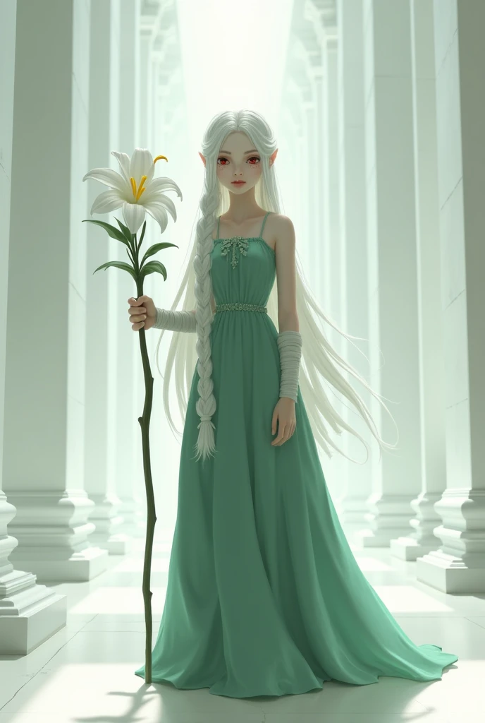 Draw me a girl with pale skin, white hair and a long braid, she stands with a sad look in the middle of a white palace in which a white lily grows. The girl must have red eyes, her hands are bandaged with green bandages, she is dressed in a long green dres...