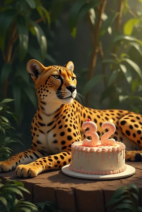 A cheetah is sleeping next to a 32nd birthday cake