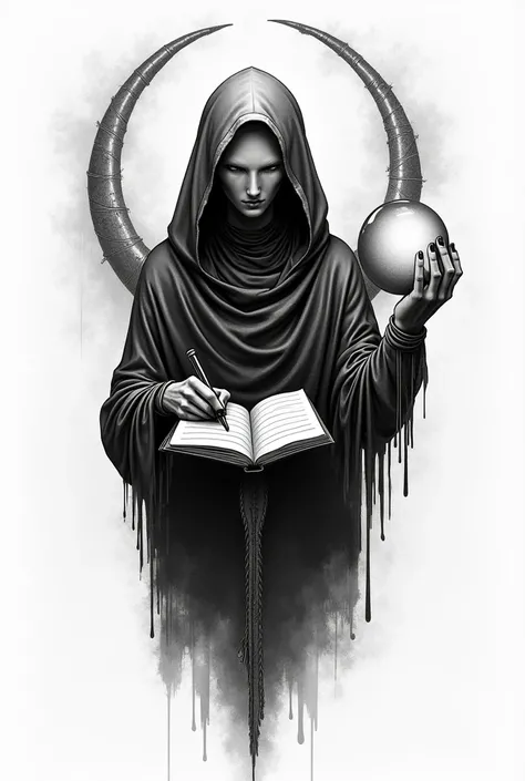 A black work tattoo design of someone faceless writing in a note book while holding a crystal ball with his other hand 