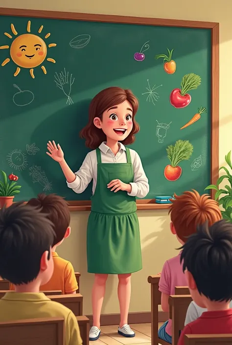 ## Vignette 1:  The Teacher's Announcement!
- Picture :  A enthusiastic teacher in front of a blackboard decorated with drawings of vegetables . In the corner,  a smiling sun shines .
- Text: 
   - Master : "Guys !  This year we will have a competition to ...