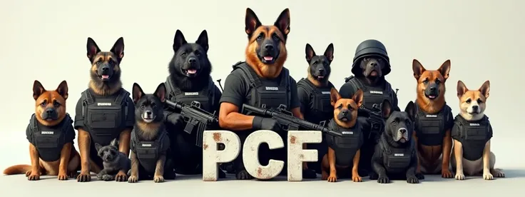 Dogs of various breeds dressed as heavily armed police officers on top of a written logo "PCF" 
