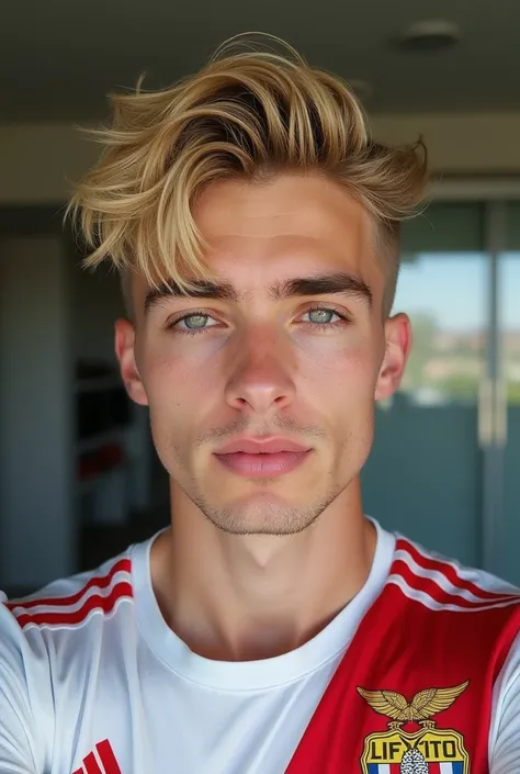 A handsome MitchellHope young man, 21years old, light blue eyes, messy layers thrown back blonde hair, shaved on the sides, textured skin, clean face without beard, perfect athletic and muscular body, wearing Benfica shirt taking a selfie 