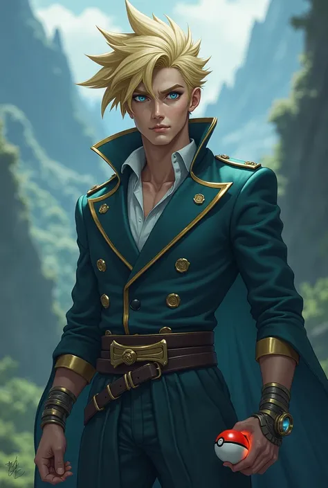  Create a picture of good-looking , mysterious Pokémon Trainer ,  who is a man with blond hair and blue eyes