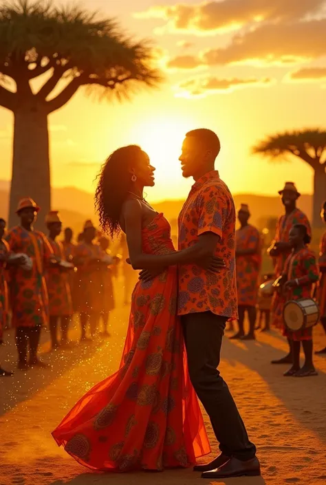 A vibrant, lively scene set in a sunlit African landscape, with a couple dancing together under a golden sunset. The background features baobab trees, colorful market stalls, and a distant view of rolling hills. The couple is dressed in bright, traditional...