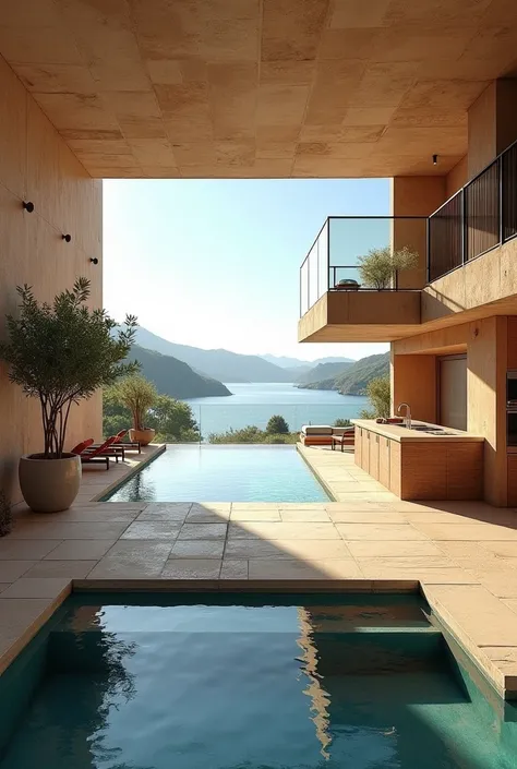 Small American style Loft abstracted from Mediterranean style with infinity pool, lake view, panoramic view, open kitchen with view on the lake With false ceiling 