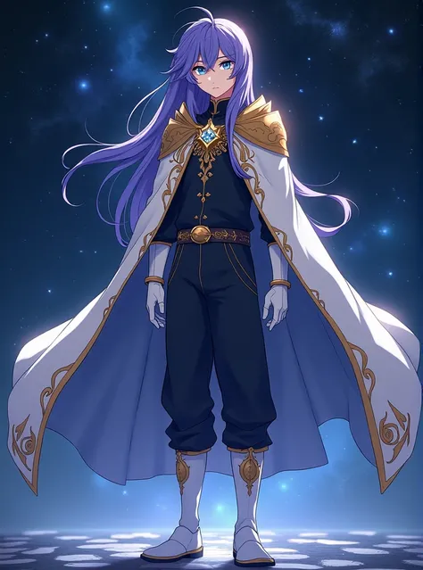 Generate a full body image of Niell, a young magical knight of the Golden Dawn, standing, with a serene and imposing posture.

 Aparência:

Niell is  and 1,55m high.

 Your hair is long , purple and go down to below the waist, with a subtle glow that resem...