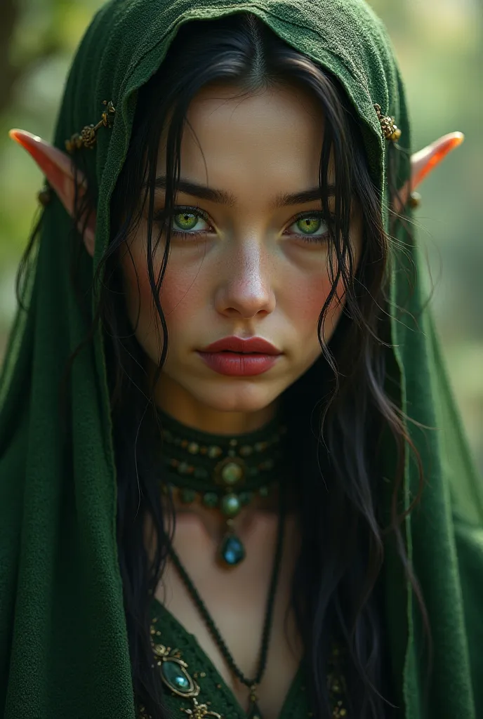 Sexy,green eyes,tiny nose,big red lips,lord of the rings,zoom in,elf costume,serious,sexy,thoughtful,woman