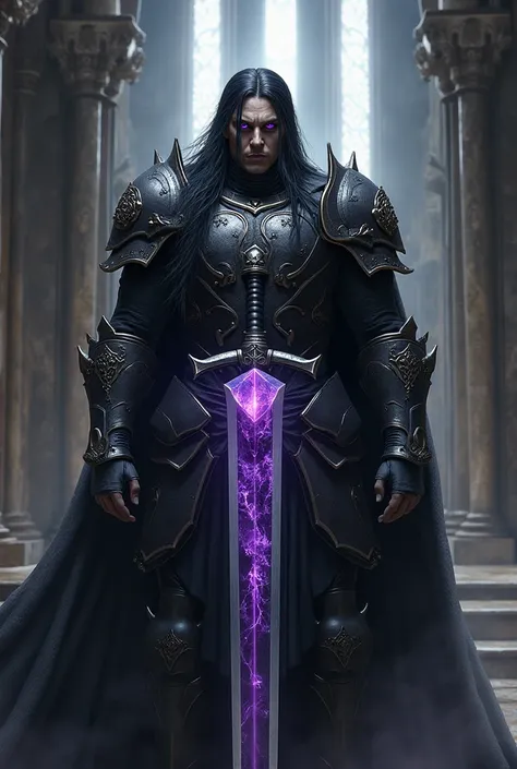 Draw me a dark-skinned man in big armor with a dark long cloak, who has long black hair with white strands. He should have purple eyes, white eyelashes, and he should be holding in his hands a large, black and white sword with a large purple crystal on it....