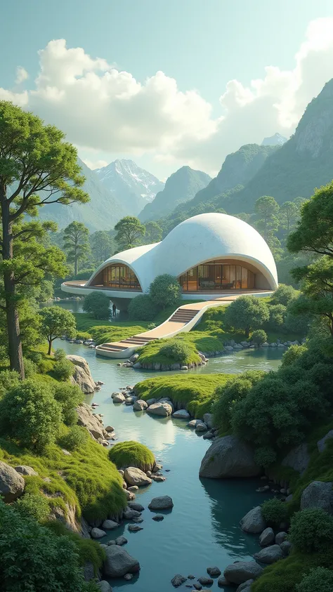 Architectural design in harmony with science and nature, peaceful landscape of the future, the ultimate circular eco-system, masterpiece, 8K, highres, photorealistic