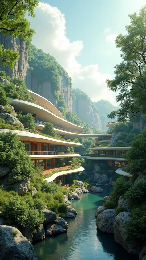 Architectural design in harmony with science and nature, peaceful landscape of the future, the ultimate circular eco-system, masterpiece, 8K, highres, photorealistic