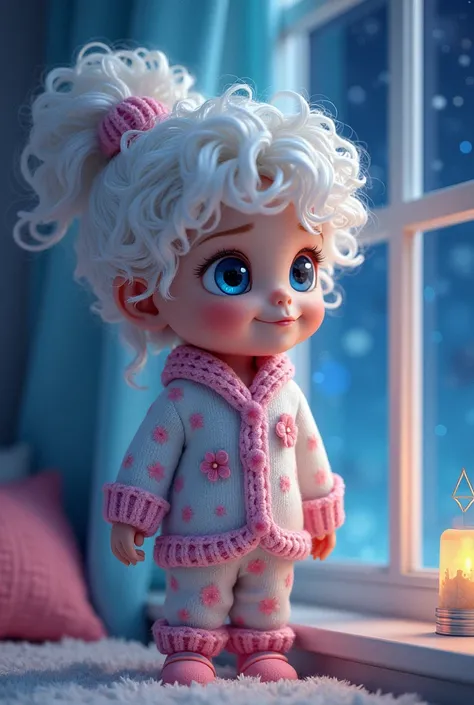 cute , big blue eyes, cute knitted pajamas with flowers, curly white curls, standing at the window, looking at the starry night sky, ren's bedroom, toys, photorealistic, transparency, contrast, in the style of Inna Kuzubova , cartoon drawing, watercolor ,
...