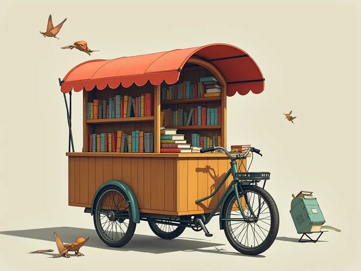 Crie uma mockup de uma bibliobike. A bike with a cabin filled with books. Does this bike need to be covered with an umbrella