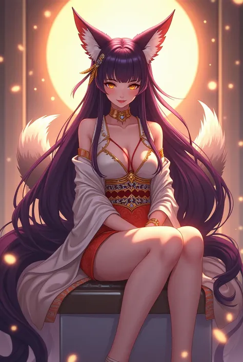  masterpiece, Точность,  Anime style ,  golden eyes, dark purple long hair, dressed in a kimono, sits on a chair in a bright dimension, Goddess Lisa, fox ears hair color, hair color tail,