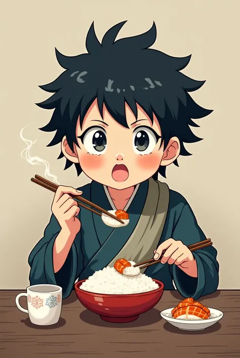 Create an image of Tanjiro with a baby's face eating rice and fish