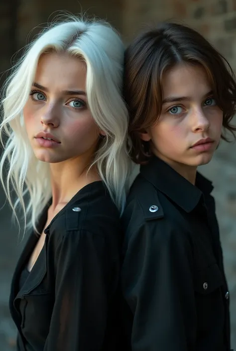 Two young people, one with their back to the other, a  girl with wavy white hair that reaches her shoulders, light blue eyes, and elegant clothing that accentuates her. The boy is , with straight brown hair parted in the middle, dark honey eyes, and elegan...