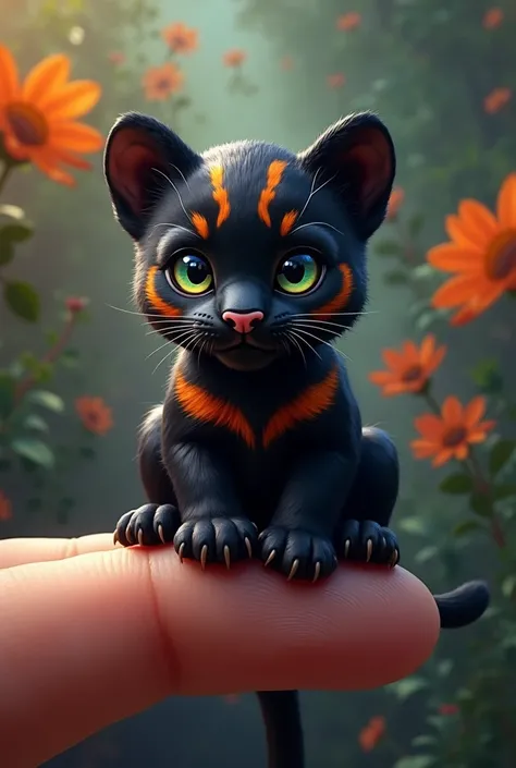 A tiny black panther with bold orange and black stripes resting on a fingertip, against a kaleidoscopic jungle background